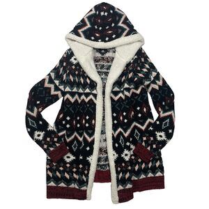 No Boundaries Aztec Sherpa Trim Lined Cozy Cardigan Size XL Juniors Acrylic